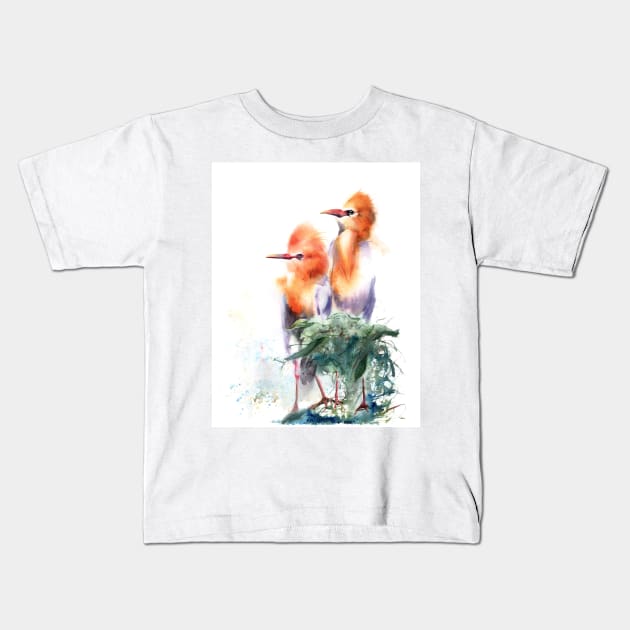 Watercolor Cattle Egret Print Kids T-Shirt by PaintsPassion